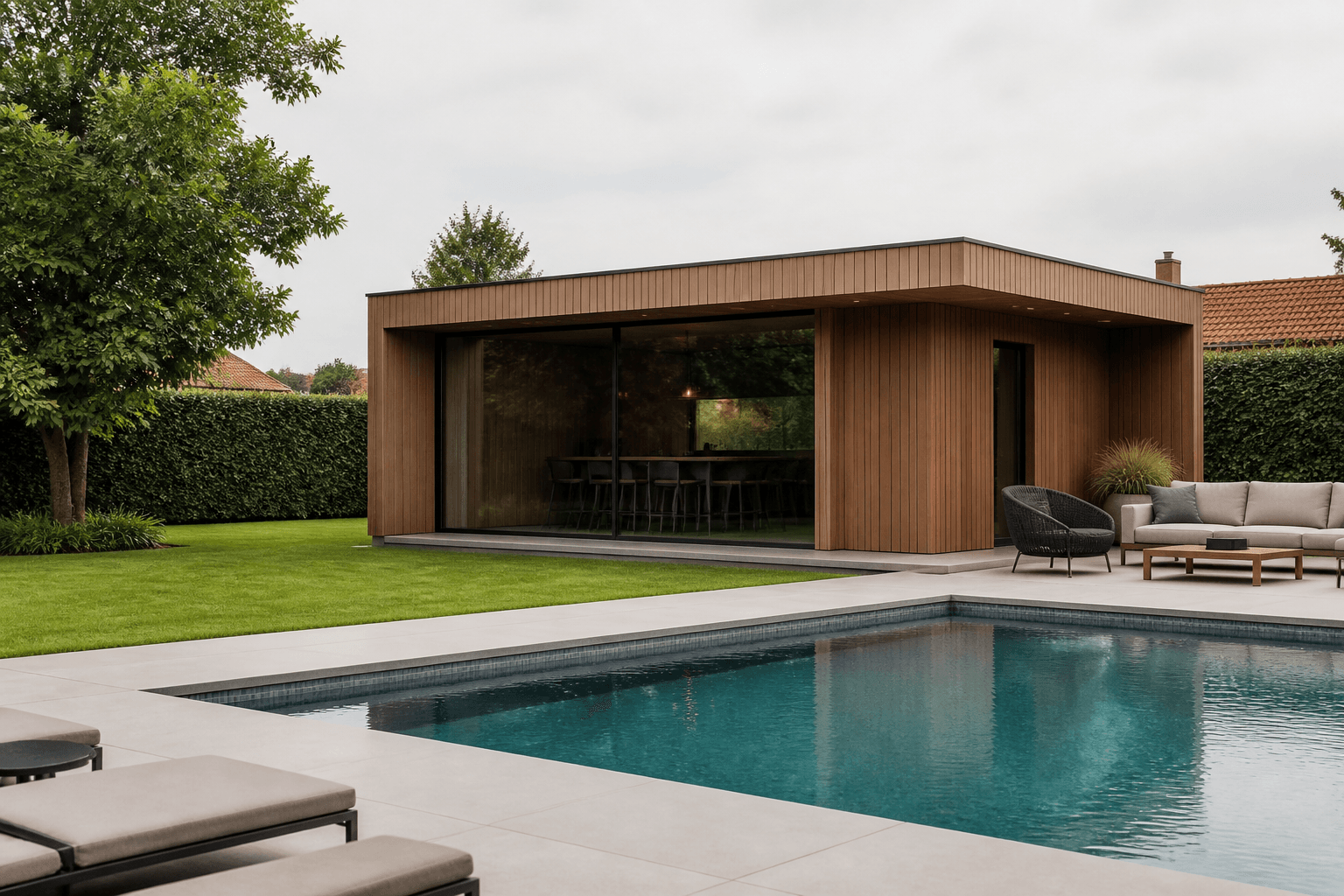 Poolhouse op maat in een Vlaamse tuin, naast het zwembad